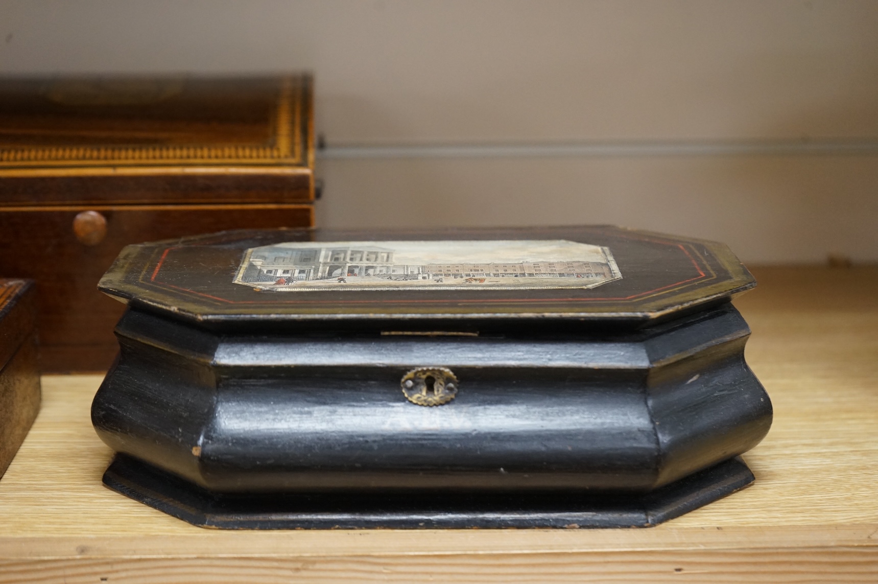 Three 19th century boxes, all with printed views of Brighton, tallest 13cm